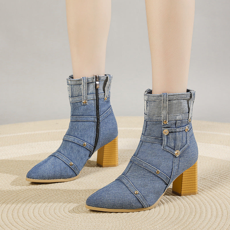 Women's Denim Pointed Toe Chunky Heel Martin Boots