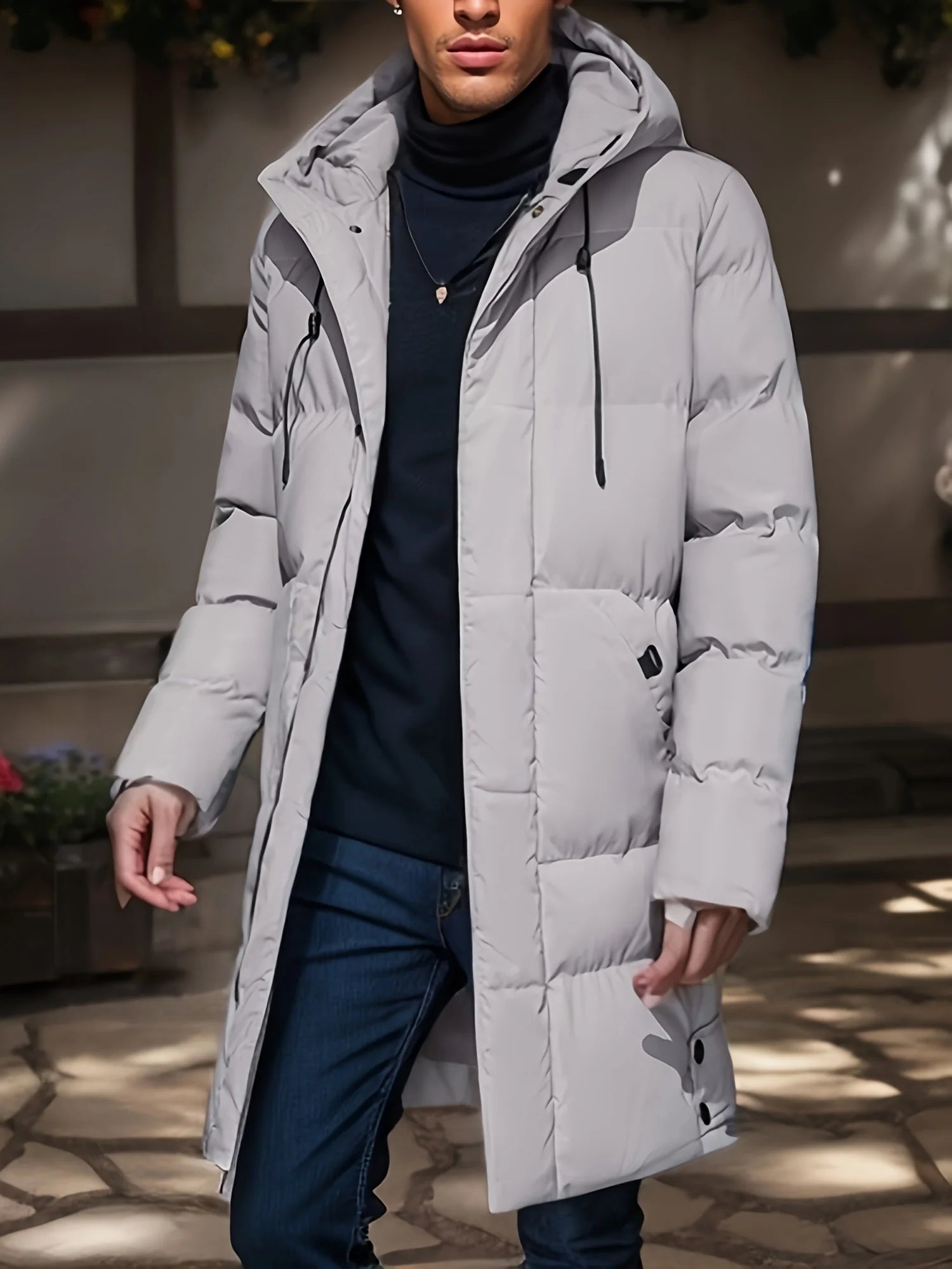 Men's Hooded Mid-length Casual Zip Up Cotton Padded Jacket