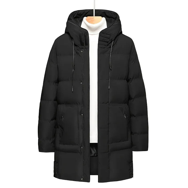 Men's Hooded Mid-length Casual Zip Up Cotton Padded Jacket