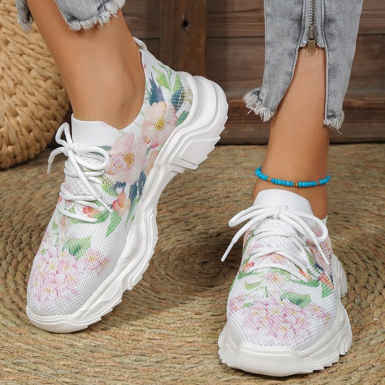 Women's Flower Sports Flat Single Warped Head Lace Up Casual Sneakers