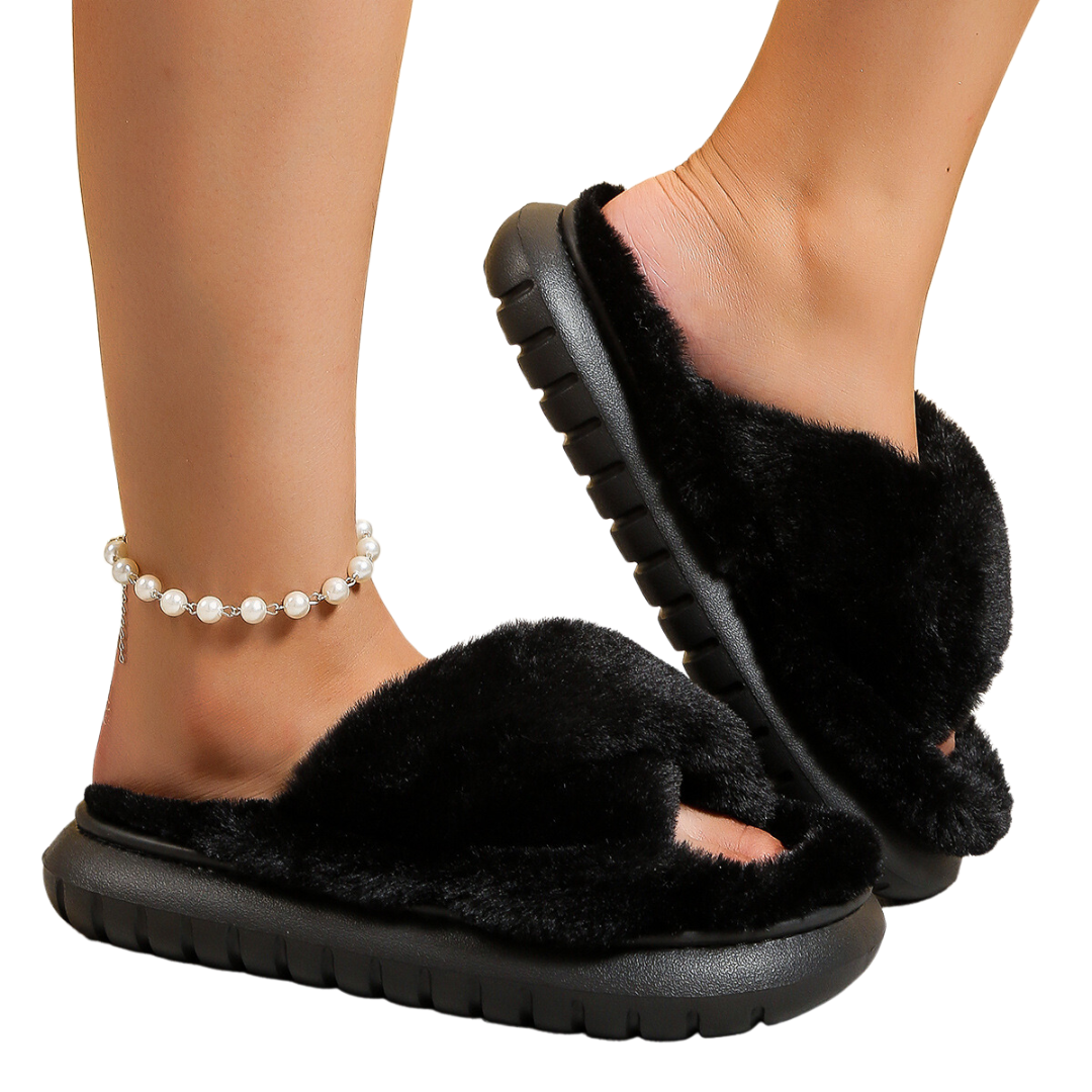 Women's Thick Bottom Cross Fur Cotton Home Slippers