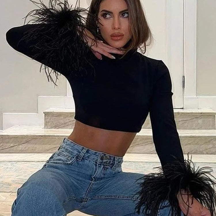 Women Long Sleeve Short Navel Feather Turtleneck