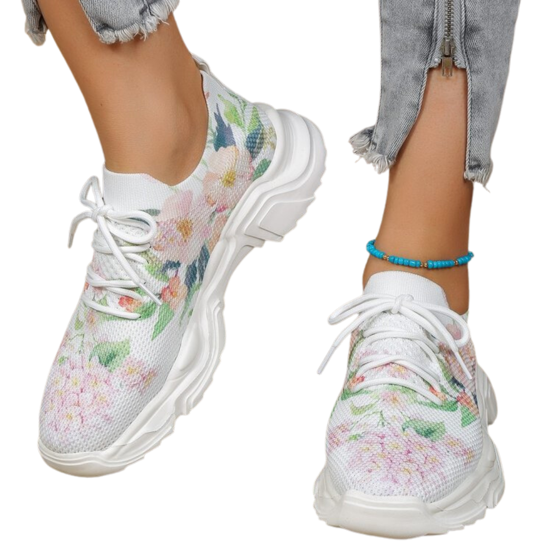 Women's Flower Sports Flat Single Warped Head Lace Up Casual Sneakers