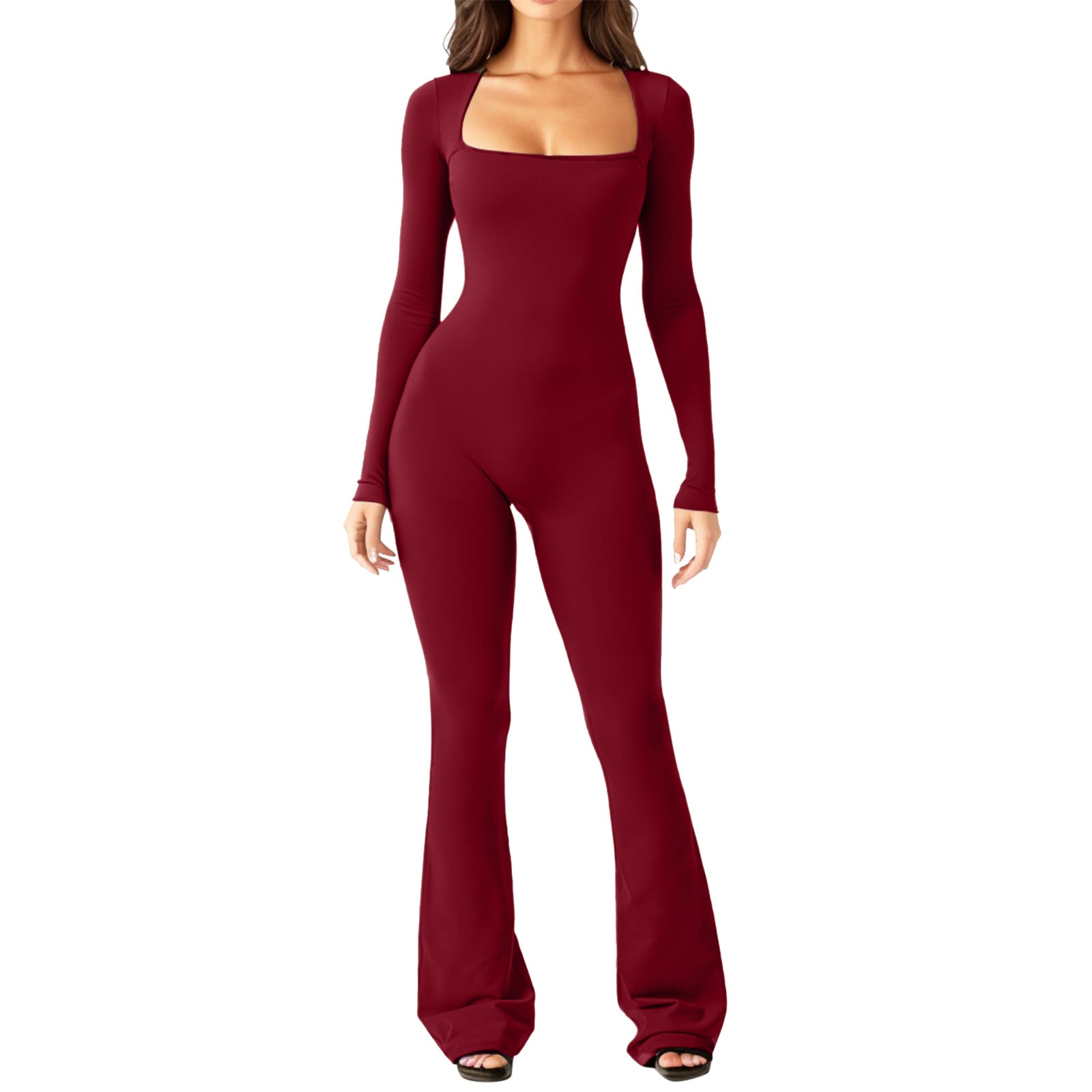 Women's Long Sleeve Belly Waist Shaping And Hip Lift Square Collar Wide Leg Jumpsuit