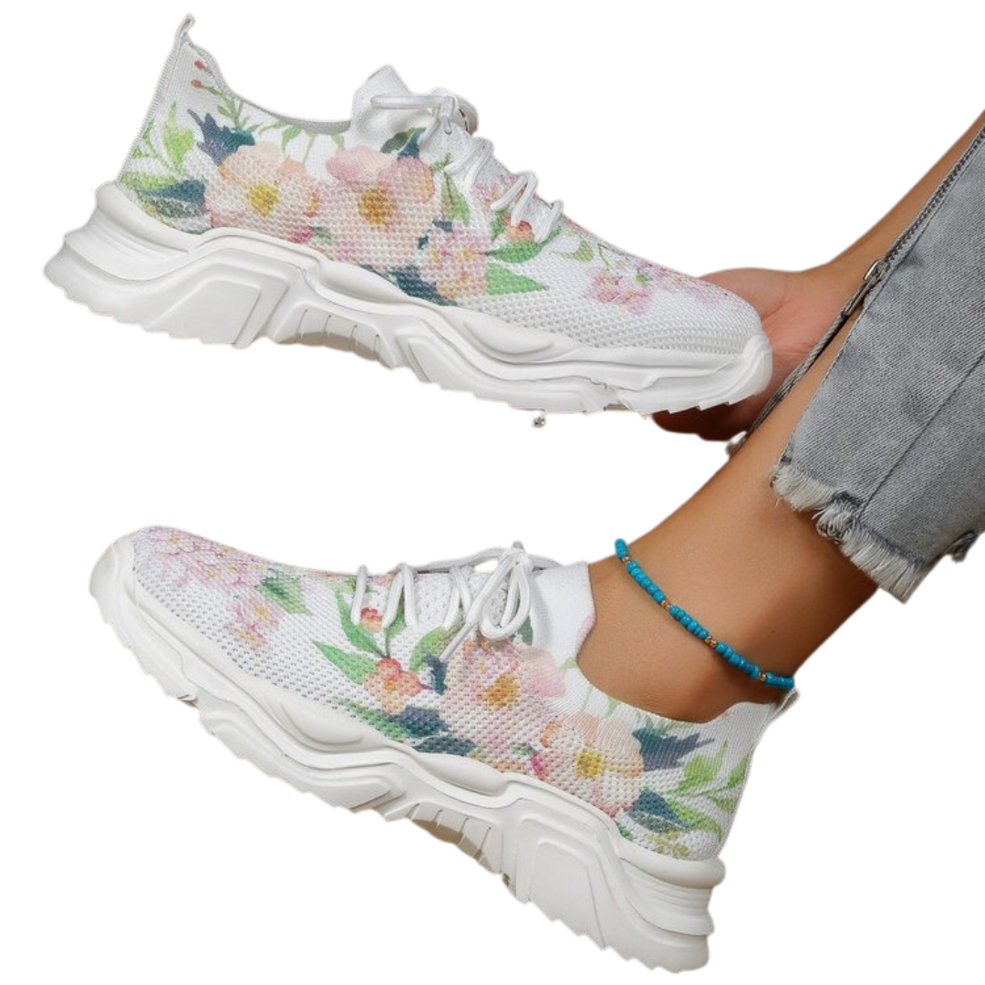 Women's Flower Sports Flat Single Warped Head Lace Up Casual Sneakers