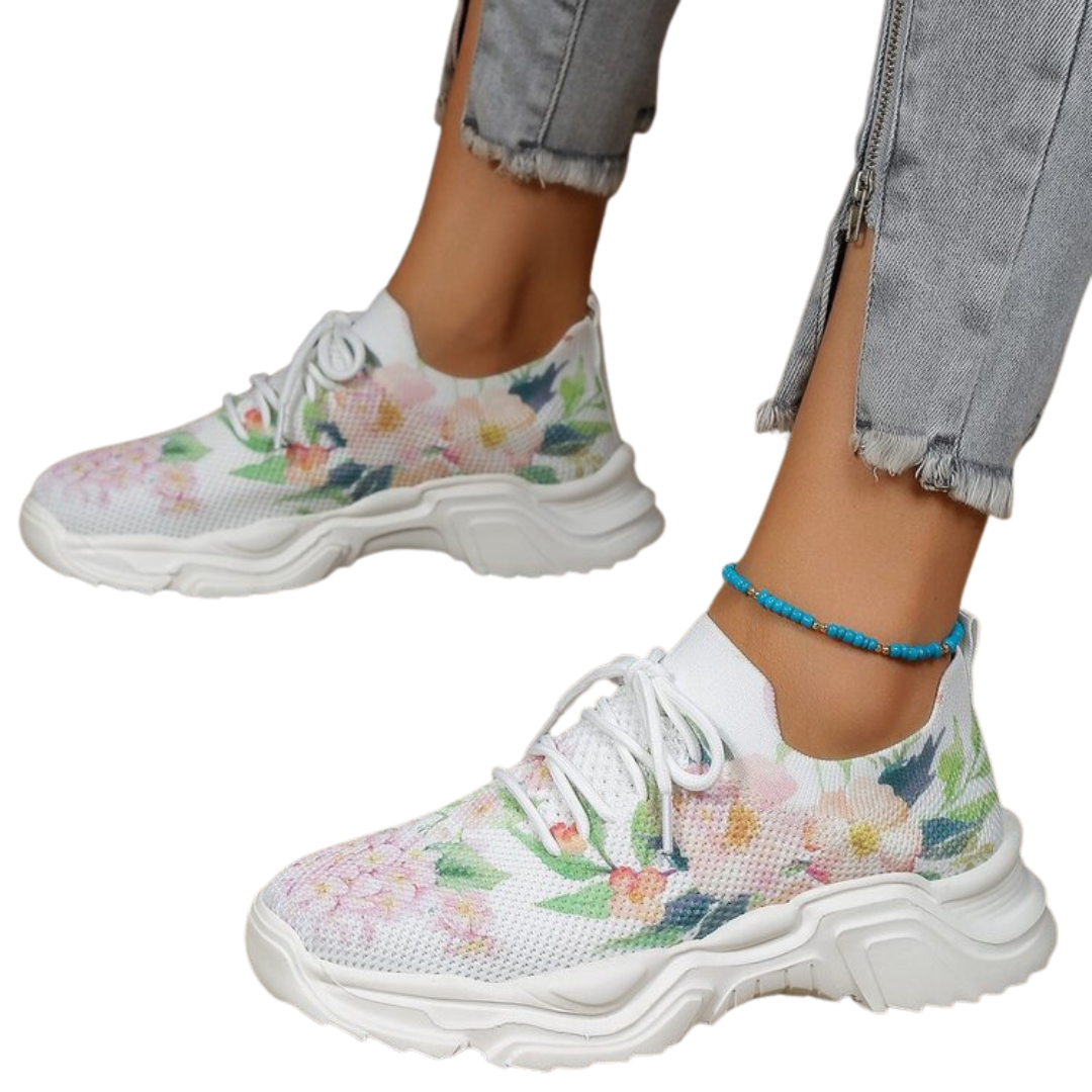 Women's Flower Sports Flat Single Warped Head Lace Up Casual Sneakers