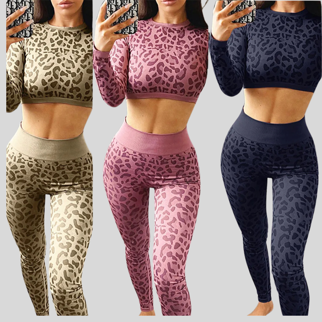 Women Leopard Printed 2 PCS Yoga Set Gym Shockproof Sports Bras Sport Leggings