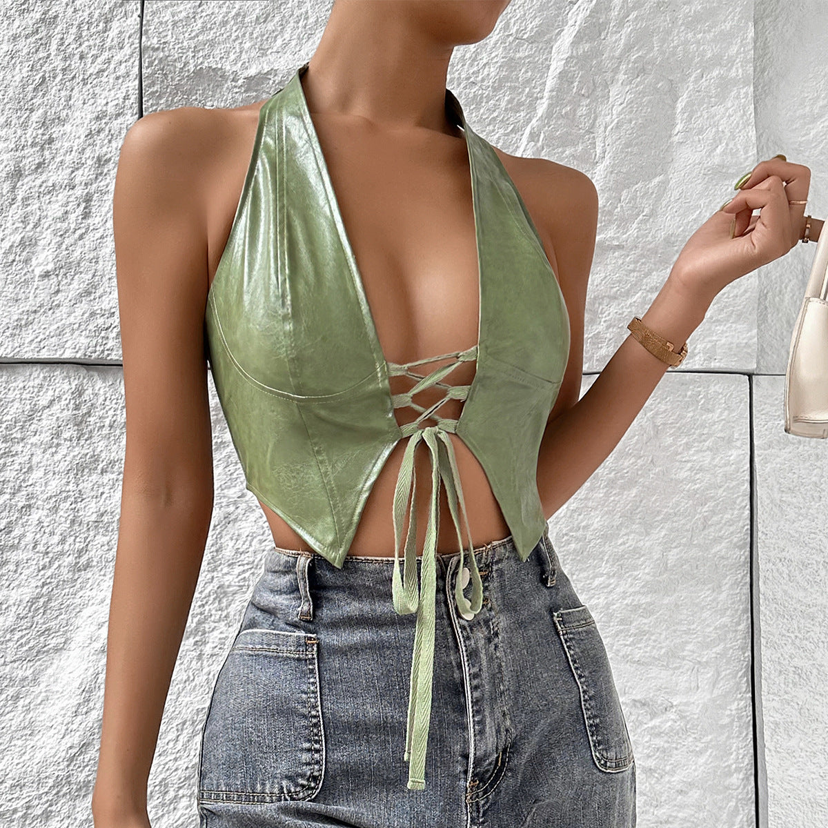 Women's Low-cut Cardigan Halter Lace-up Vest