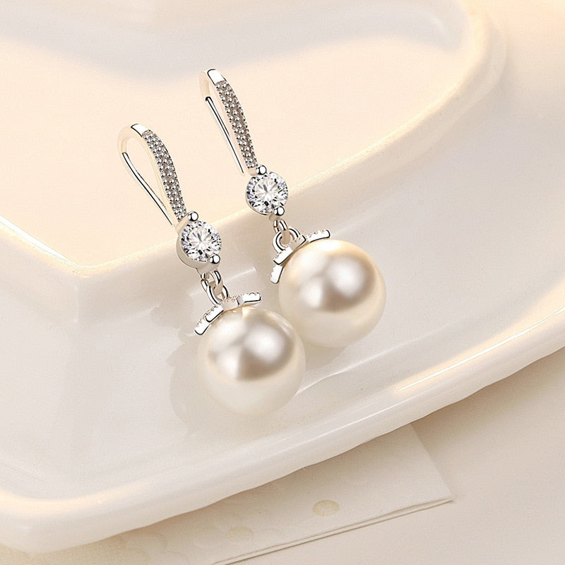 Earrings, Elegant Round Imitation Pearl Dangle Earrings Dazzling CZ