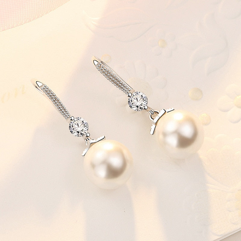 Earrings, Elegant Round Imitation Pearl Dangle Earrings Dazzling CZ