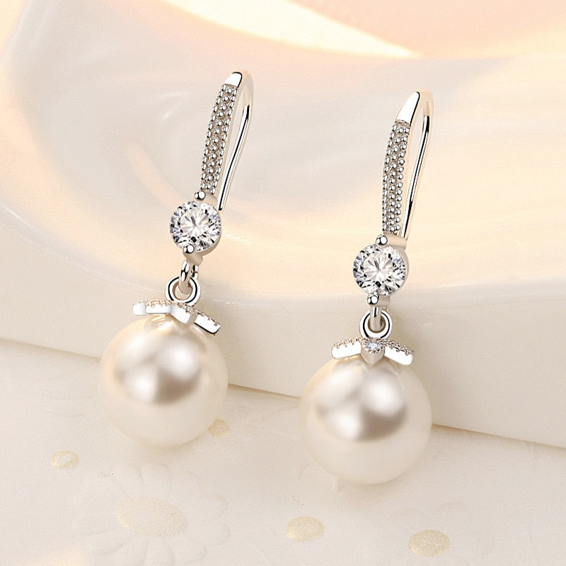 Earrings, Elegant Round Imitation Pearl Dangle Earrings Dazzling CZ