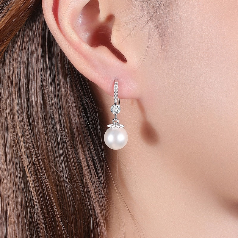 Earrings, Elegant Round Imitation Pearl Dangle Earrings Dazzling CZ