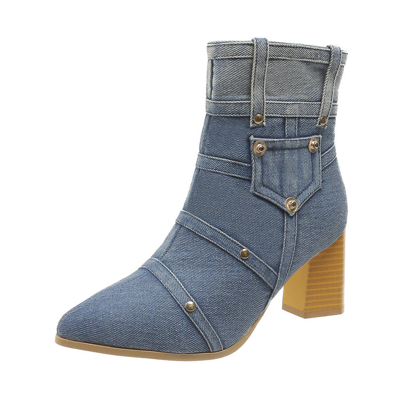 Women's Denim Pointed Toe Chunky Heel Martin Boots