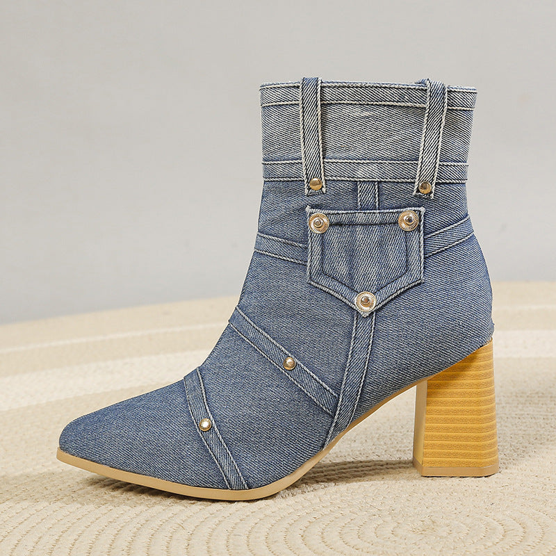 Women's Denim Pointed Toe Chunky Heel Martin Boots