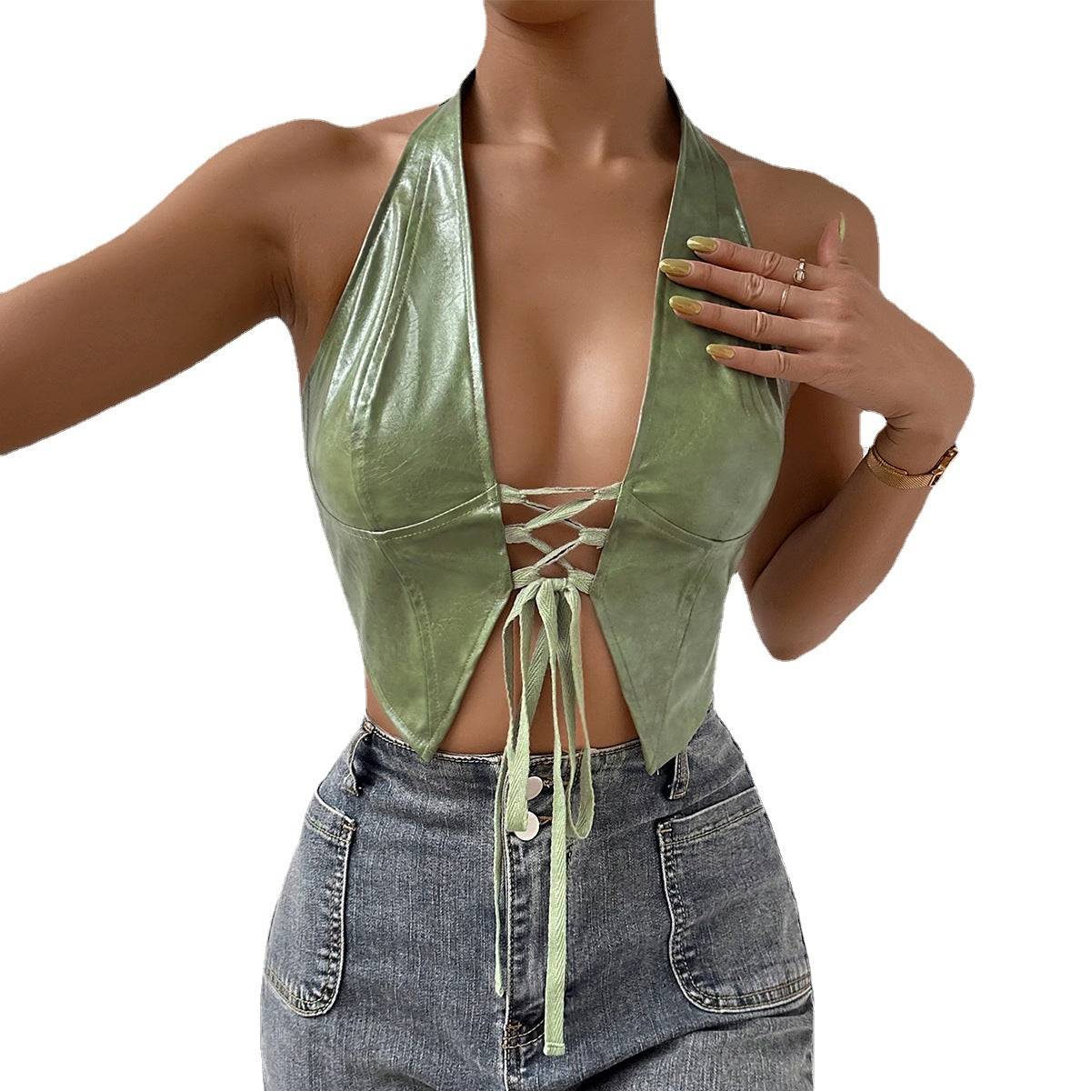 Women's Low-cut Cardigan Halter Lace-up Vest