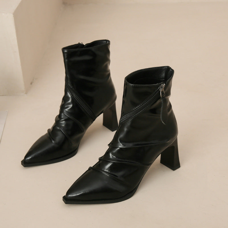 Women's Pleated Fashion Pointed Chunky Heel Boots