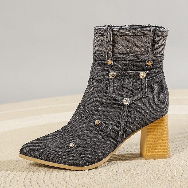 Women's Denim Pointed Toe Chunky Heel Martin Boots