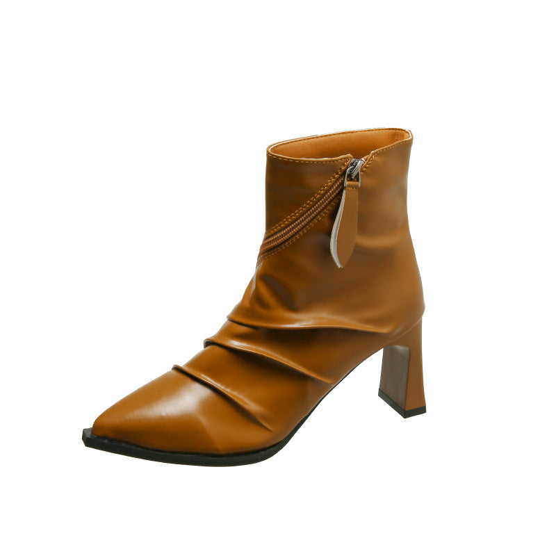 Women's Pleated Fashion Pointed Chunky Heel Boots