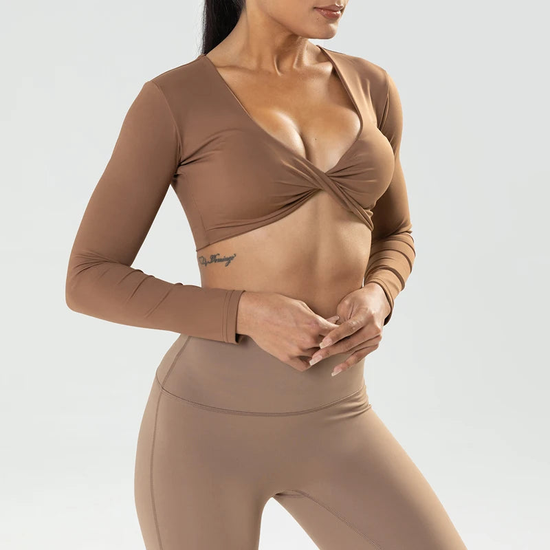 VITALINOVO Women Long Sleeve Twist Deep V Workout Crop