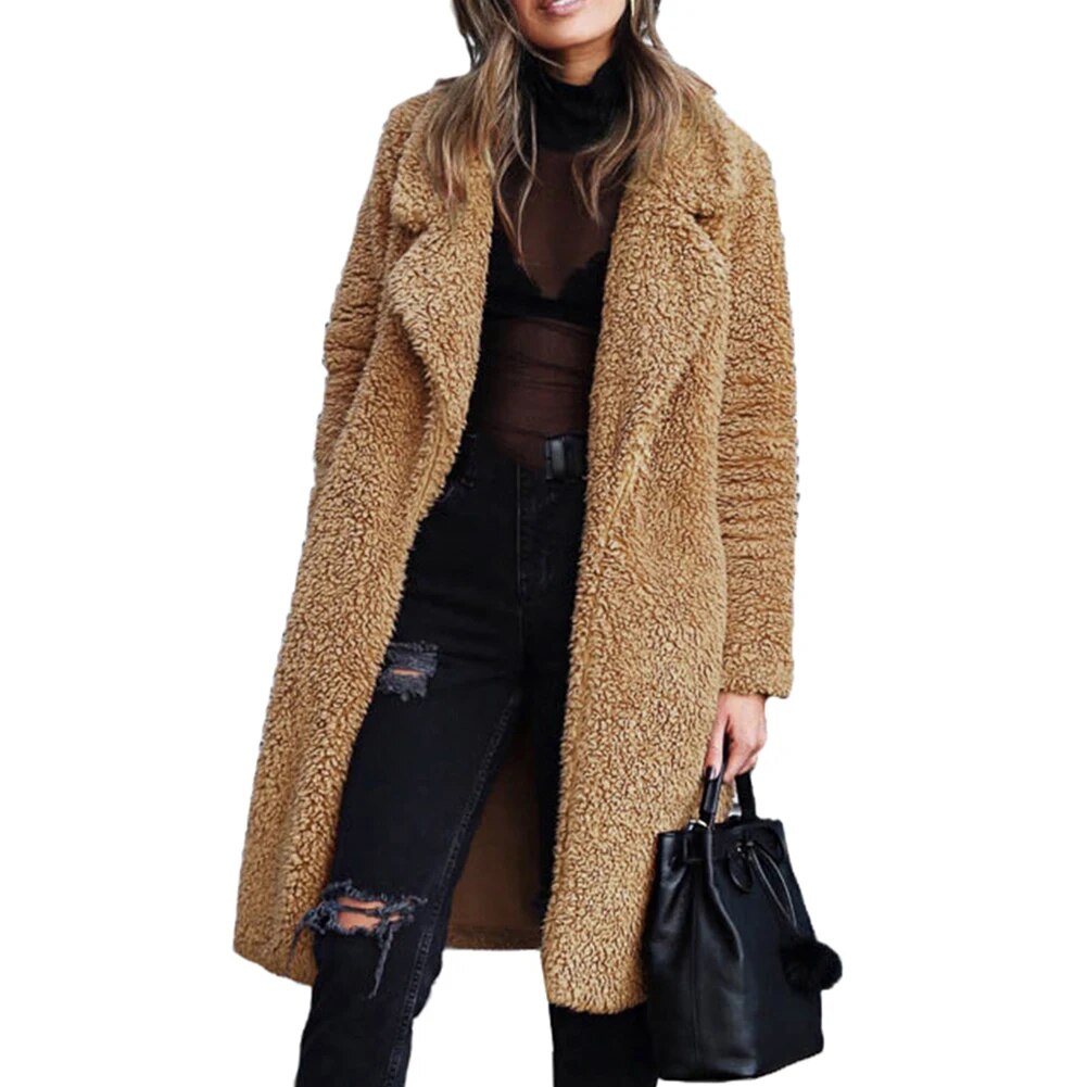 Winter Thicken Plush Warm Cardigan Women Lapel Solid Color Long Sleeve Midi Coat abrigos mujer casacos de inverno feminino