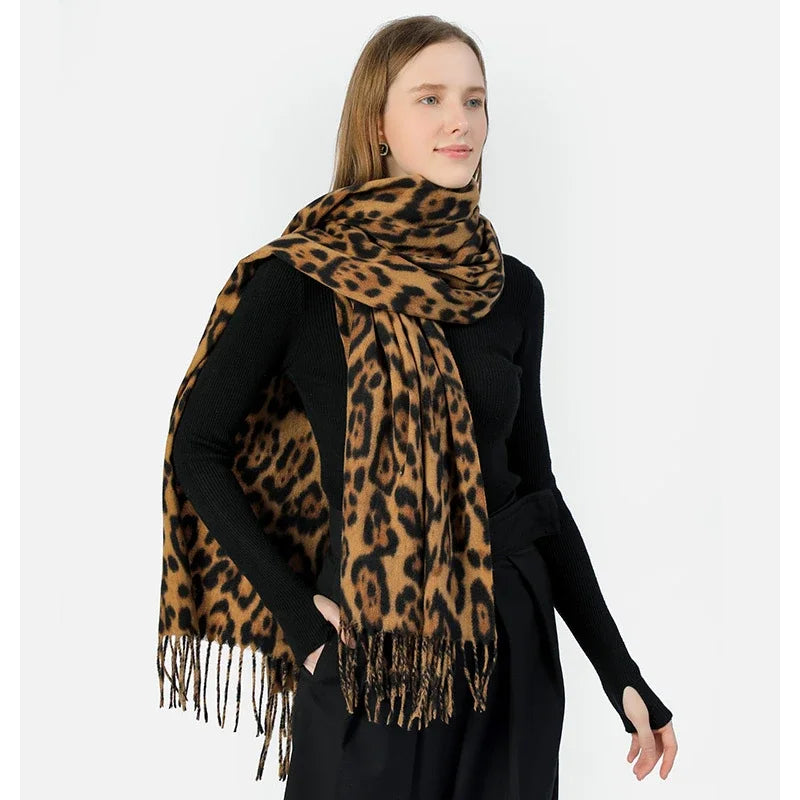 Women's Leopard Scarf Winter Warm Pashmina Shawl Cashmere Wraps Fringes Scarves