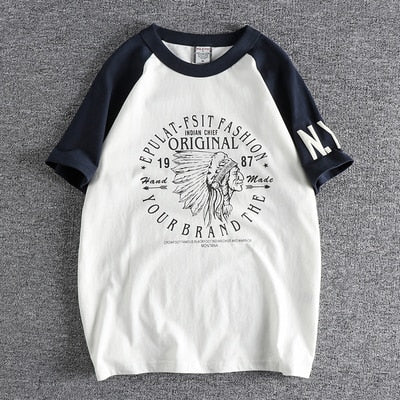 Summer New American Retro Raglan-sleeved O-neck Letter Printed T-shirt Men's Fashion Simple 100% Cotton Washed Casual Sport Tops