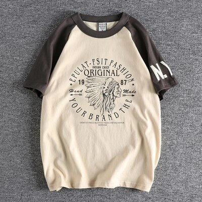 Summer New American Retro Raglan-sleeved O-neck Letter Printed T-shirt Men's Fashion Simple 100% Cotton Washed Casual Sport Tops