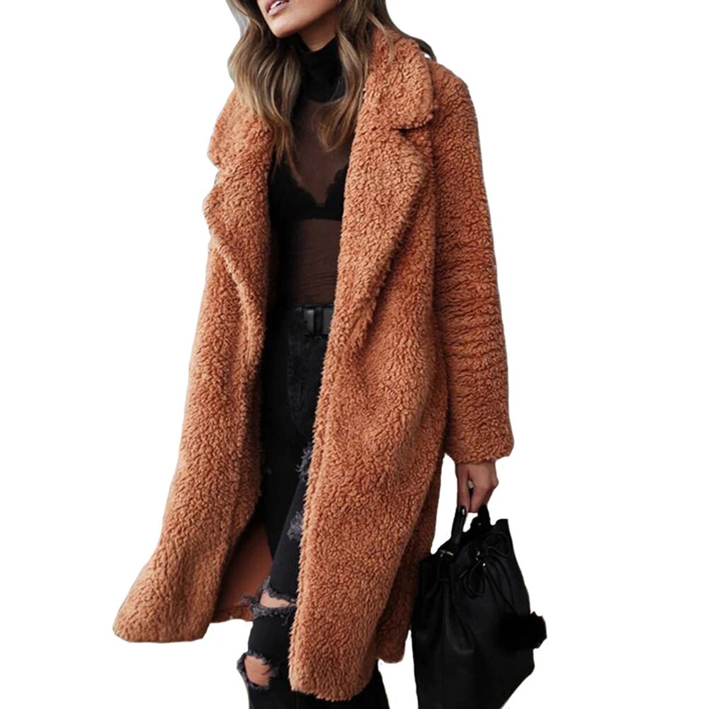 Winter Thicken Plush Warm Cardigan Women Lapel Solid Color Long Sleeve Midi Coat abrigos mujer casacos de inverno feminino