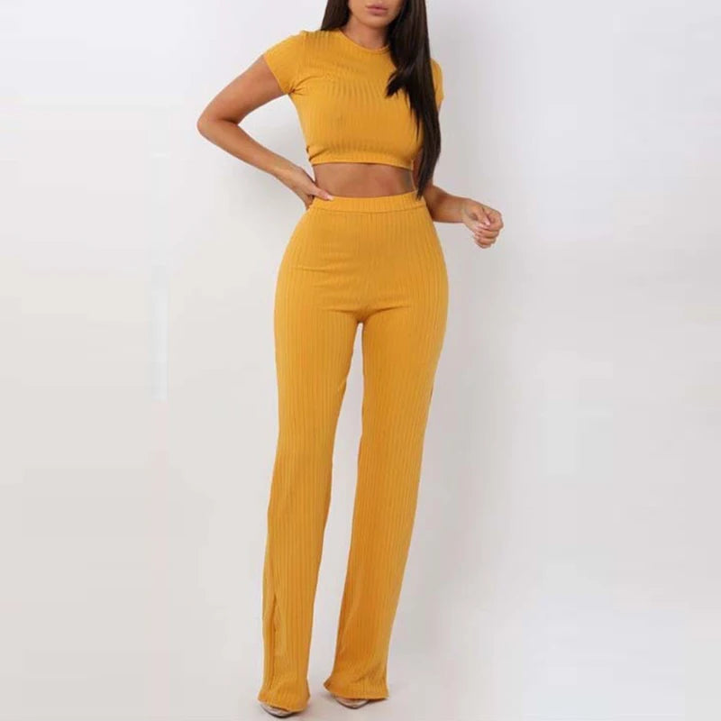 Women Sets Casual Solid Rib Knit Short Sleeve Crop Top High Waist Wide Leg Pants Suits