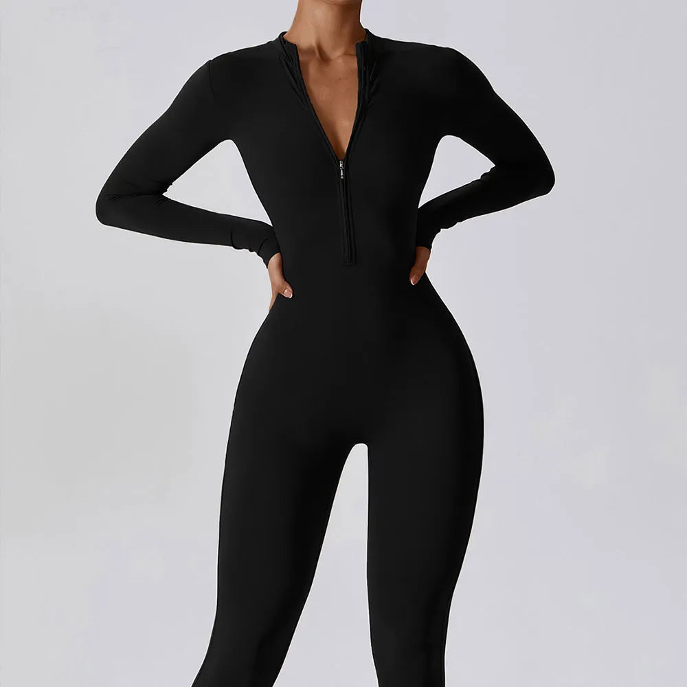 Women's  One-Piece Suit Zipper Long Sleeved Yoga Set Gym Push Up Jumpsuits