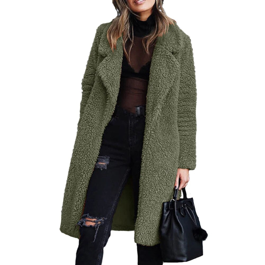 Winter Thicken Plush Warm Cardigan Women Lapel Solid Color Long Sleeve Midi Coat abrigos mujer casacos de inverno feminino