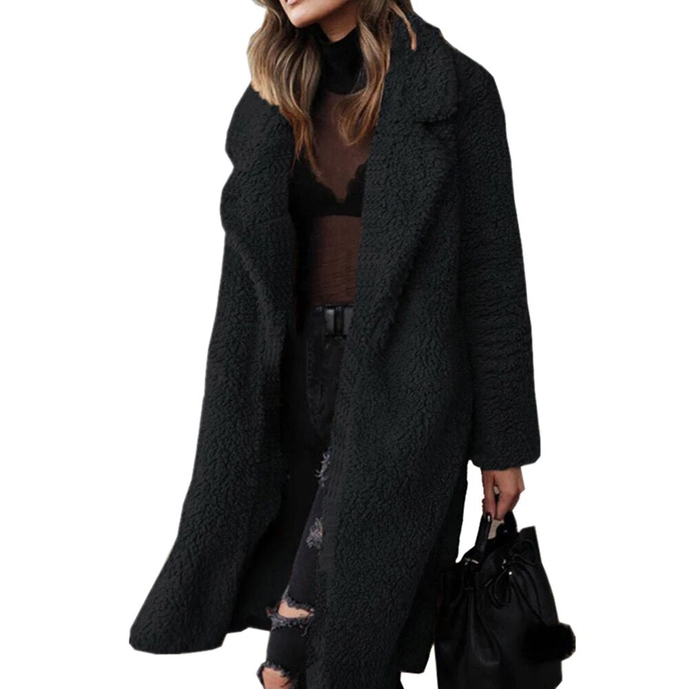 Winter Thicken Plush Warm Cardigan Women Lapel Solid Color Long Sleeve Midi Coat abrigos mujer casacos de inverno feminino