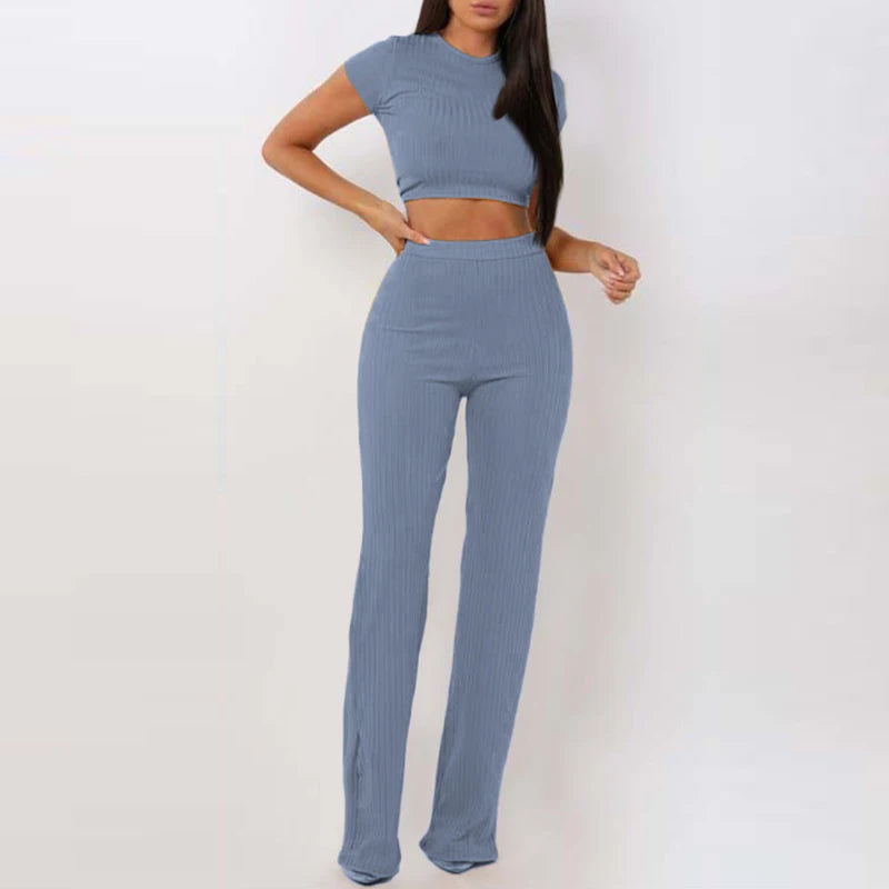 Women Sets Casual Solid Rib Knit Short Sleeve Crop Top High Waist Wide Leg Pants Suits