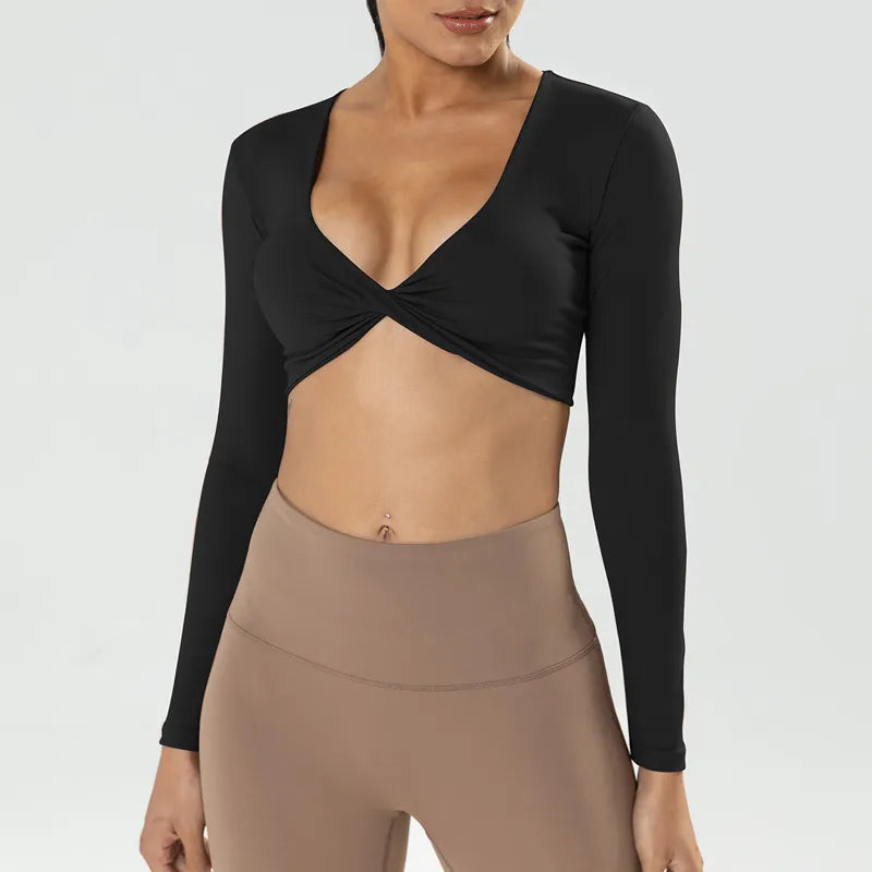 VITALINOVO Women Long Sleeve Twist Deep V Workout Crop