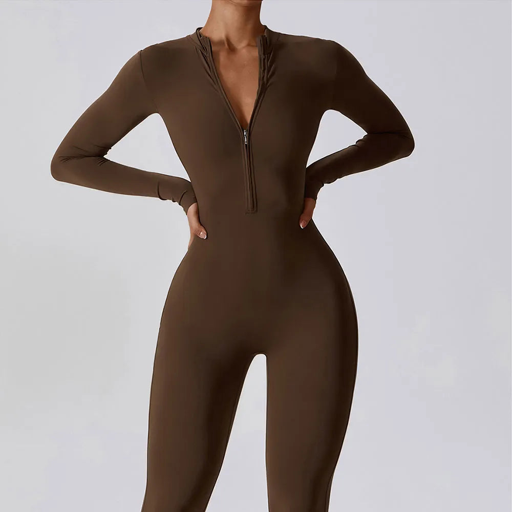 Women's  One-Piece Suit Zipper Long Sleeved Yoga Set Gym Push Up Jumpsuits