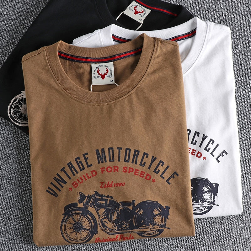 Summer  American Retro Short-sleeved O-neck Motorcycle Printed T-shirt Men's Fashion Simple 100% Cotton Washed Casual Sport Tops