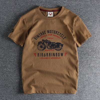 Summer  American Retro Short-sleeved O-neck Motorcycle Printed T-shirt Men's Fashion Simple 100% Cotton Washed Casual Sport Tops