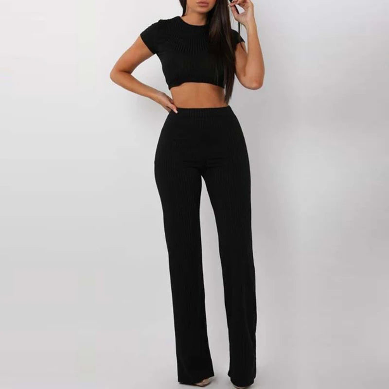 Women Sets Casual Solid Rib Knit Short Sleeve Crop Top High Waist Wide Leg Pants Suits