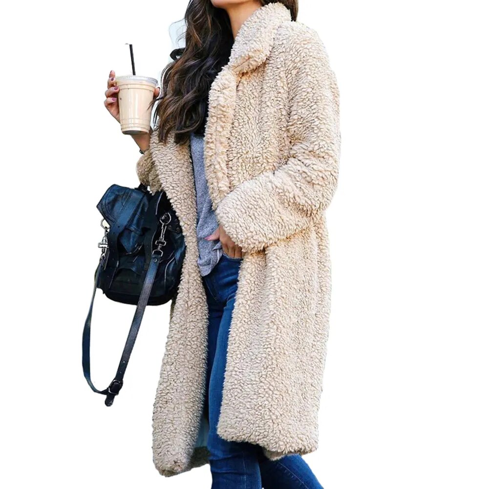 Winter Thicken Plush Warm Cardigan Women Lapel Solid Color Long Sleeve Midi Coat abrigos mujer casacos de inverno feminino