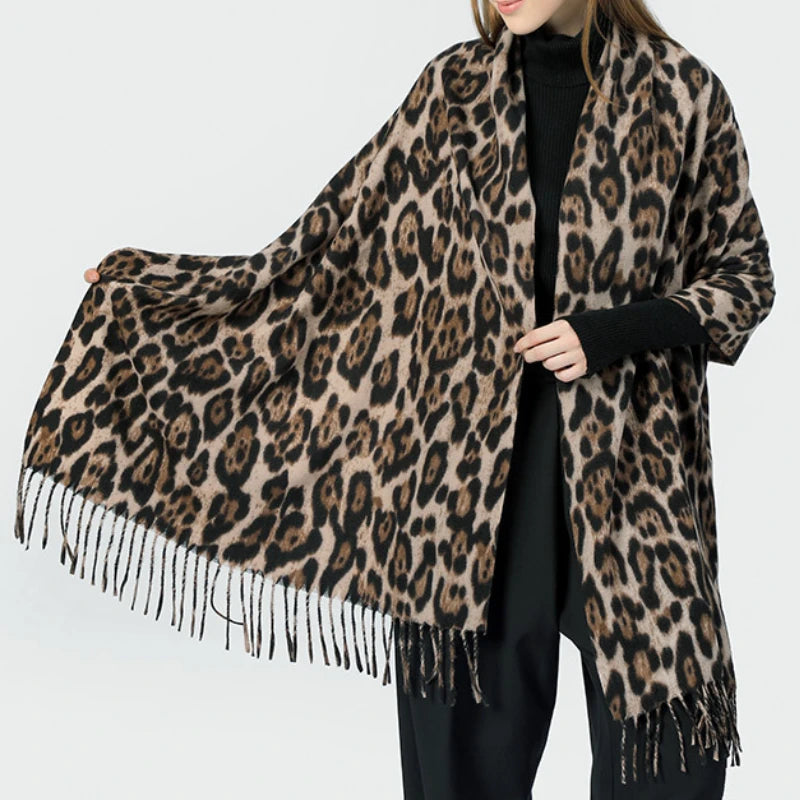 Women's Leopard Scarf Winter Warm Pashmina Shawl Cashmere Wraps Fringes Scarves