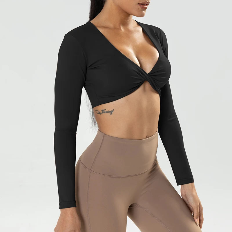 VITALINOVO Women Long Sleeve Twist Deep V Workout Crop