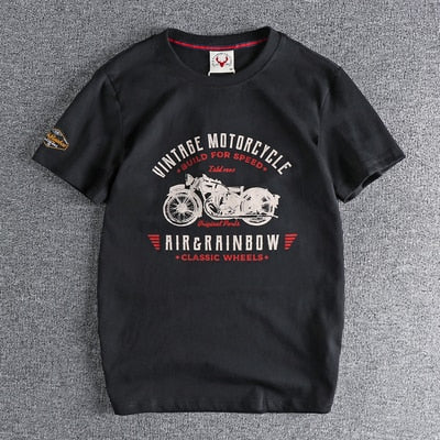 Summer  American Retro Short-sleeved O-neck Motorcycle Printed T-shirt Men's Fashion Simple 100% Cotton Washed Casual Sport Tops