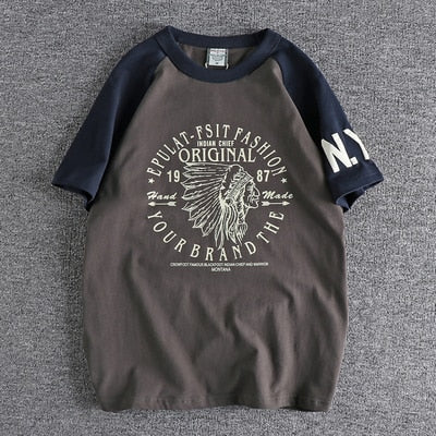 Summer New American Retro Raglan-sleeved O-neck Letter Printed T-shirt Men's Fashion Simple 100% Cotton Washed Casual Sport Tops