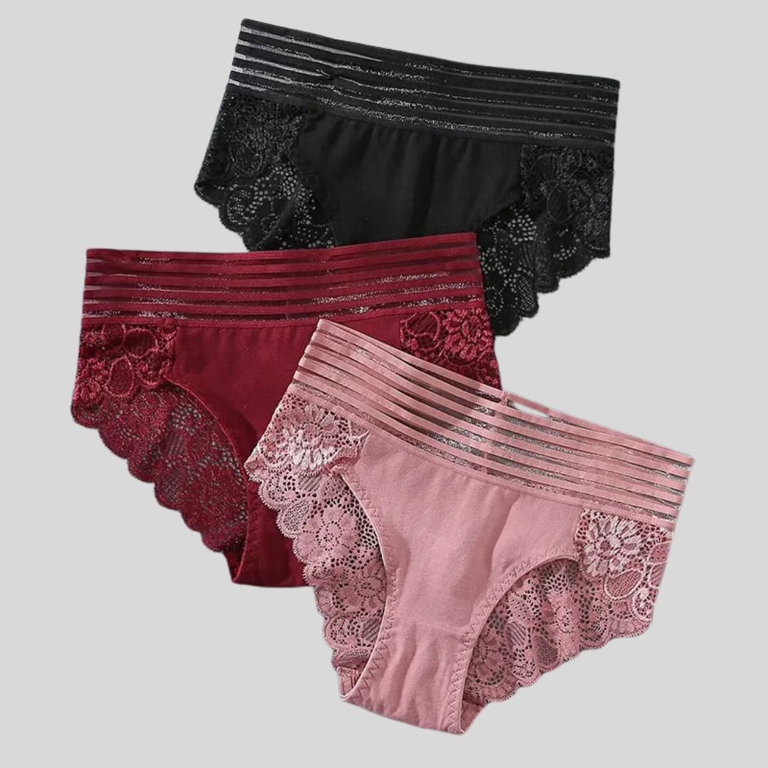 3Pcs Women's Underpants  Solid Color Breathable Intimates Lace Panties