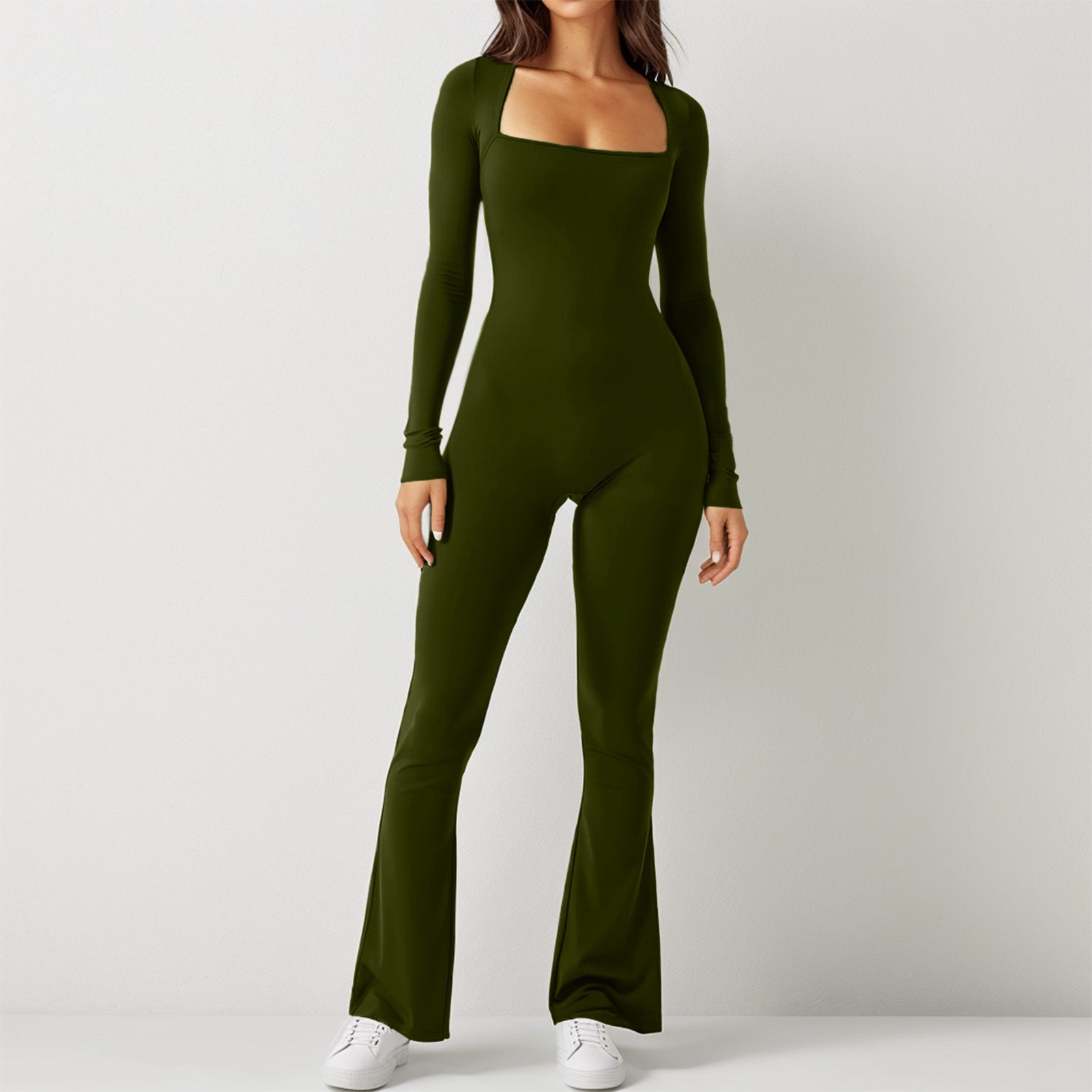 Women's Long Sleeve Belly Waist Shaping And Hip Lift Square Collar Wide Leg Jumpsuit