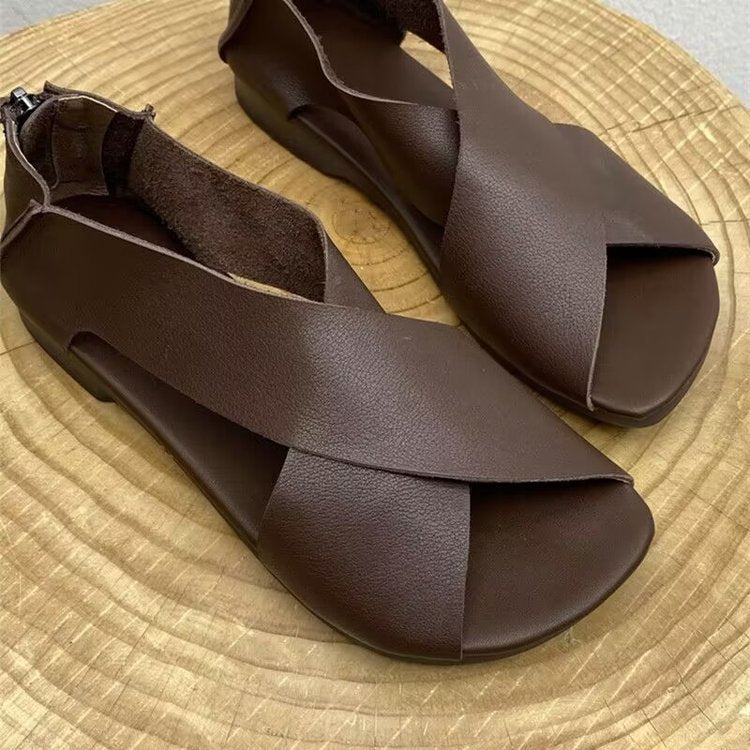 Women's Handmade Artistic Retro Peep Toe Soft Flat Bottom Leather Sandals