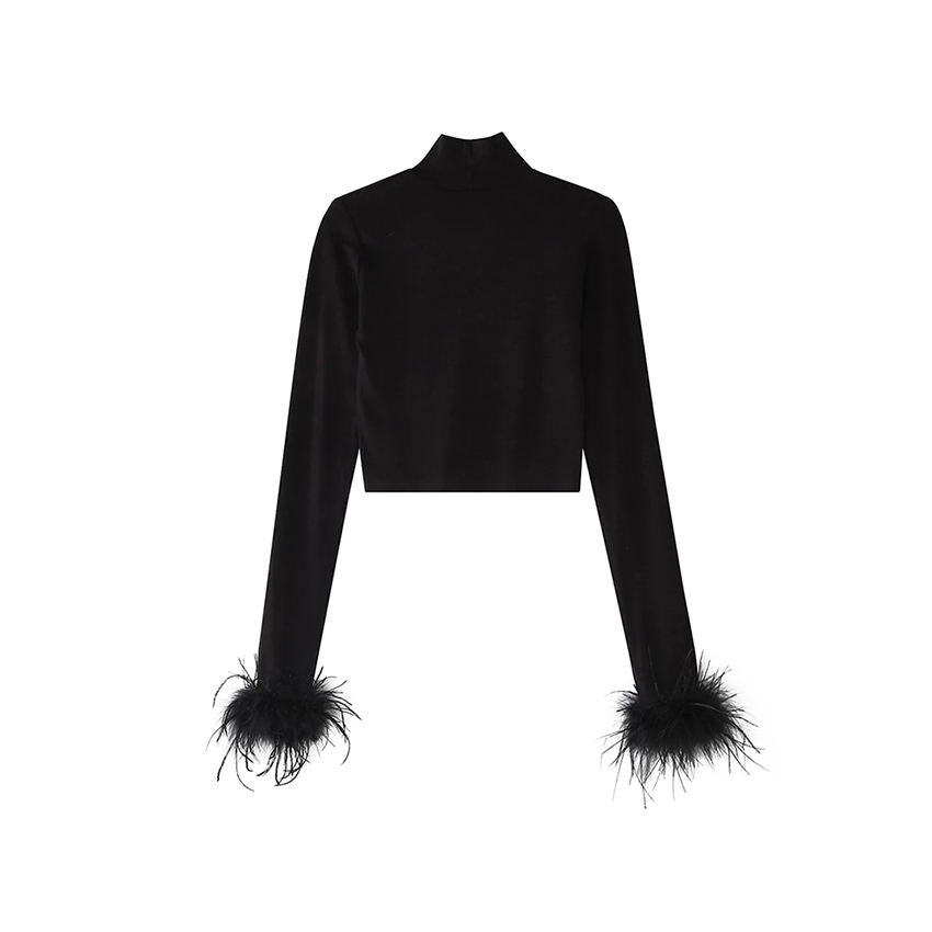 Women Long Sleeve Short Navel Feather Turtleneck