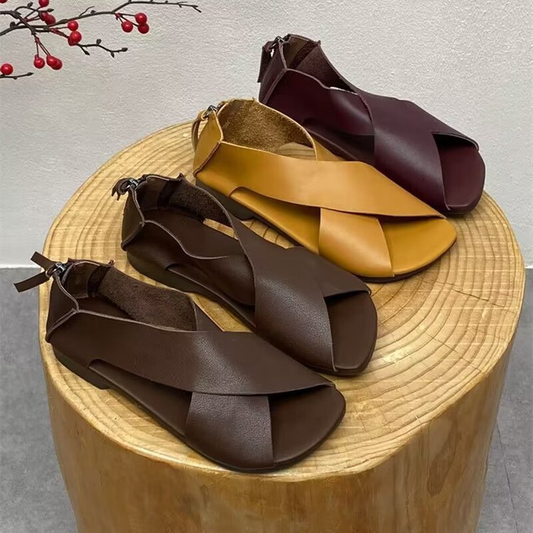 Women's Handmade Artistic Retro Peep Toe Soft Flat Bottom Leather Sandals