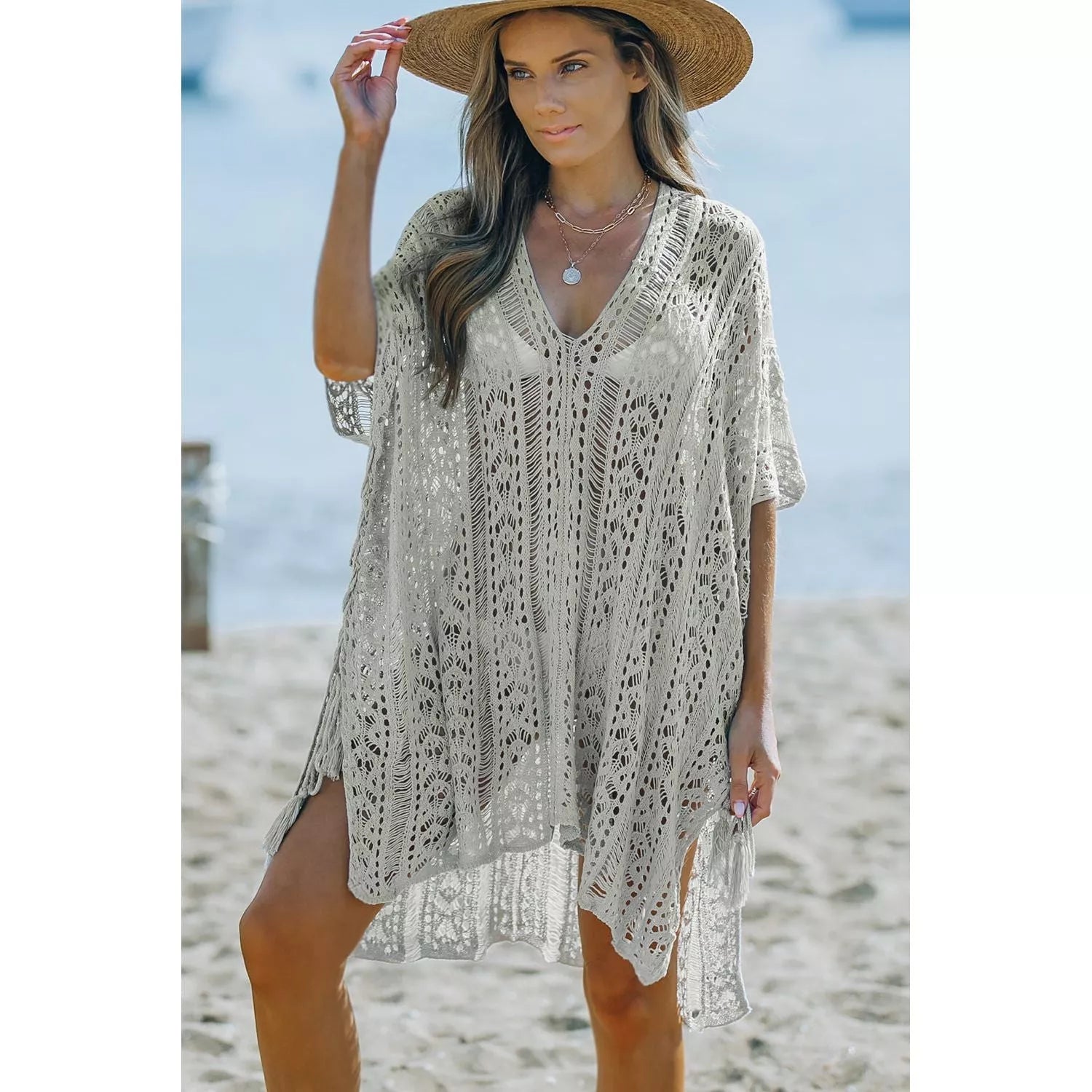 Openwork V-Neck Slit Cover Up