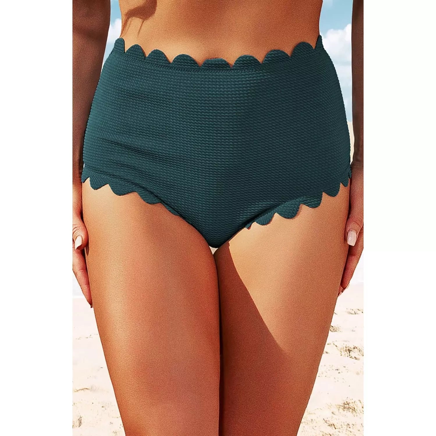 Scalloped Hem Textured Swim Bottoms